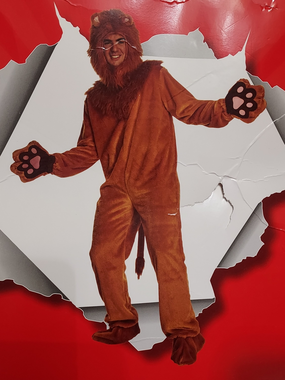 Adult Brown Lion Costume - Plush One-Piece with Paw Mitts And Separate Hood